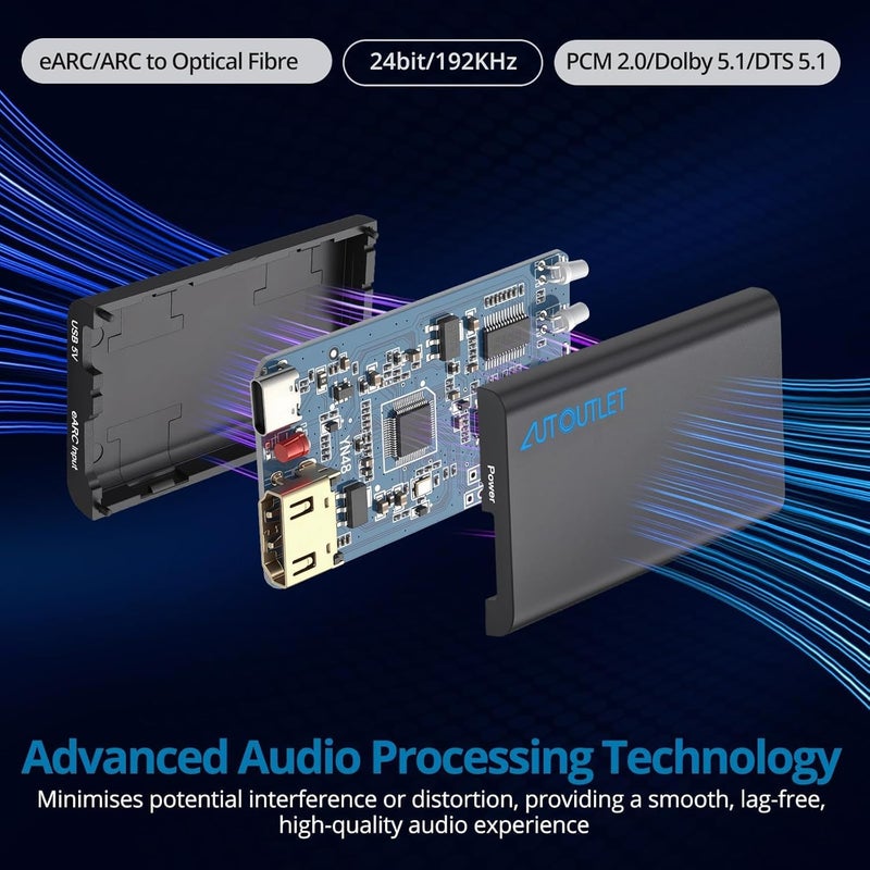 AUTOUTLET محول HDMI eARC إلى صوت بصري - محول eARC/ARC إلى بصري للتلفزيونات، ومكبرات الصوت، وأنظمة المسرح المنزلي، وأنظمة الصوت، يدعم معدل عينة 192KHz، Dolby 5.1 و DTS 5.1 - Image 2